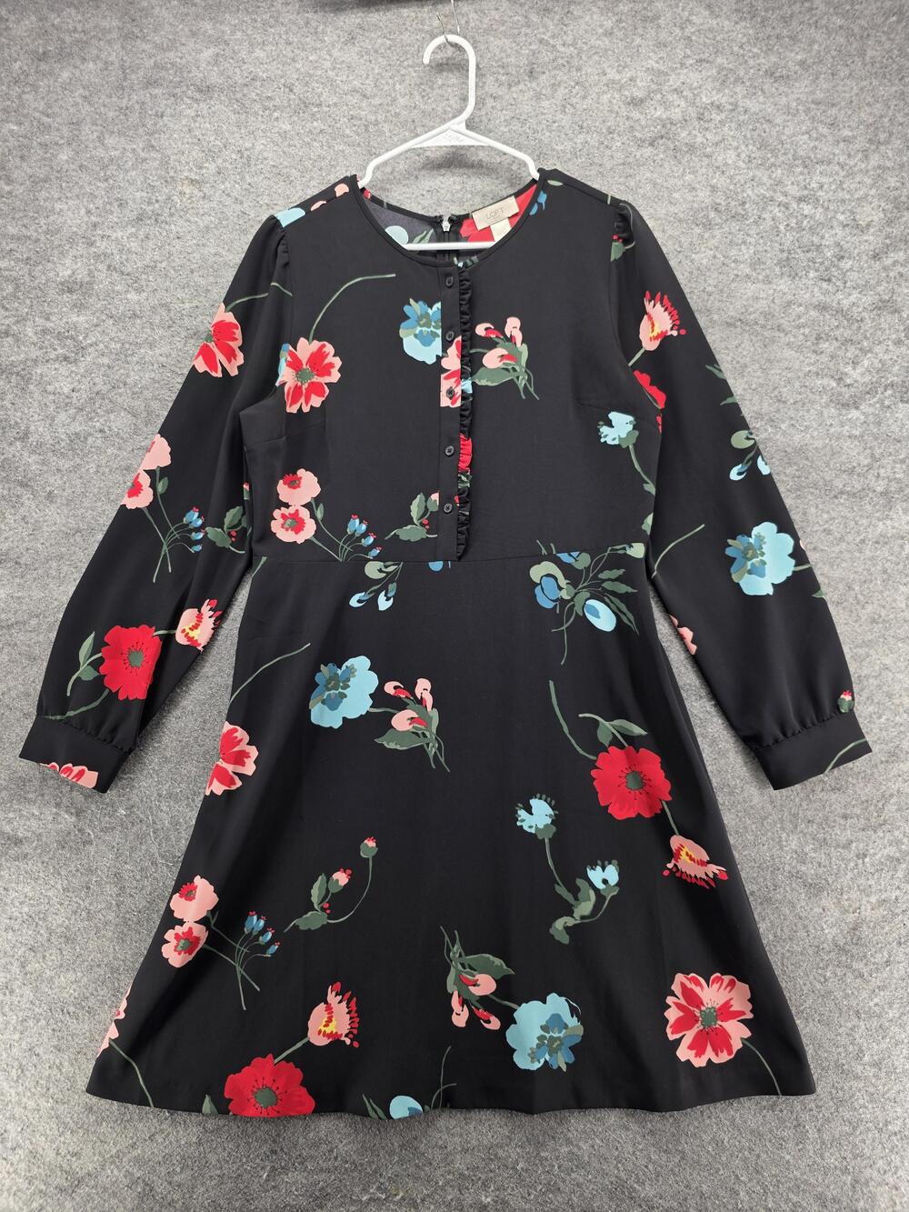 LOFT Outlet Dress Womens 10 Black Knee Length Round Neck Fit & Flare Ruffle